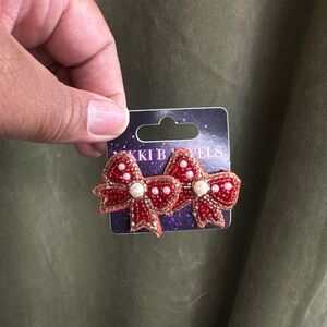 Red Bow Earrings with Pearl Accents